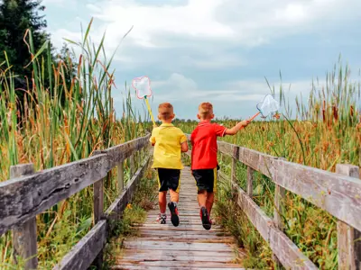 Two children running on a wooden boardwalk through a grassy field, each holding a butterfly net.