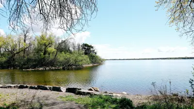 View of the Bay of Quinte on a sunny day with clear skies, surrounded by trees and a rocky shoreline.