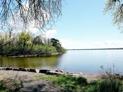 View of the Bay of Quinte on a sunny day with clear skies, surrounded by trees and a rocky shoreline.