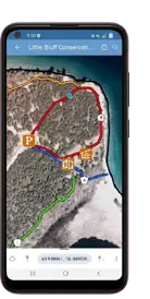 Mobile phone screen featuring an aerial map with icons and coloured trails.