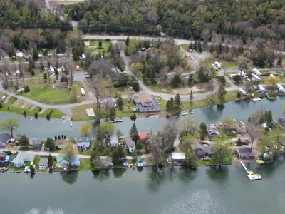 Aerial view of a flooded residential area .