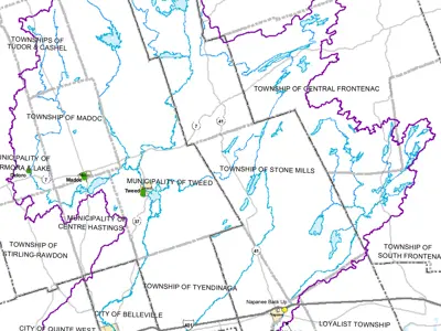 Map showing various townships and municipalities in a region, with boundaries marked in blue and purple.