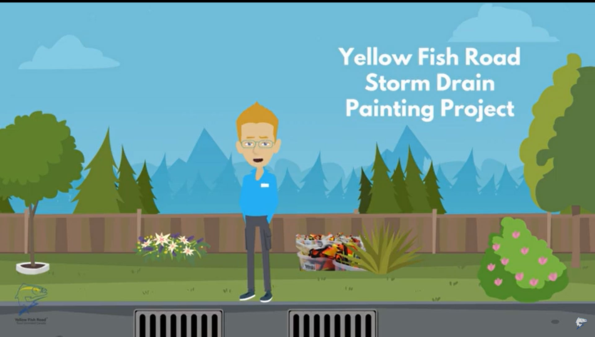 Cartoon image promoting the Yellow Fish Road Storm Drain Painting Project. An animated figure stands on a sidewalk next to a storm drain, with mountains in the background and a sign above reading the project's name.