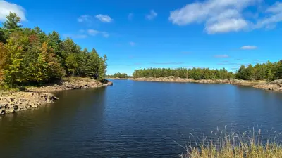 A scenic view of a lake surrounded by forest under a clear blue sky with a few clouds.