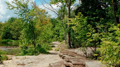A serene nature trail with a path made of sandy soil and flat stones, bordered by lush green trees and shrubs under a partly cloudy sky.