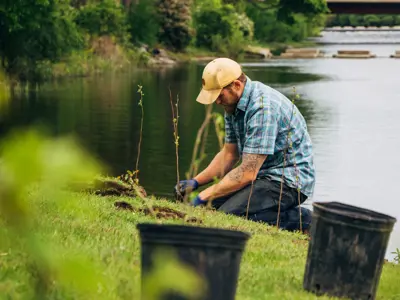 Person planting young trees by a riverbank, wearing a cap and gloves, with several black pots nearby.