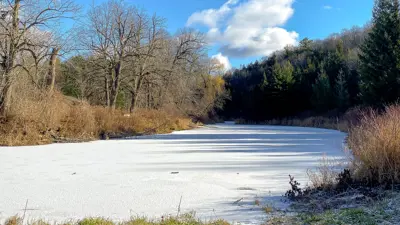 A serene view of a frozen pond surrounded by leafless trees under a clear blue sky with a single fluffy cloud.