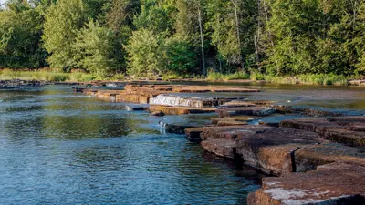 View of naturally occurring rock formations, with clear water and lush green trees in the background.