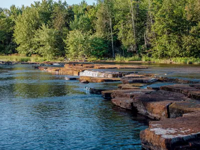 View of naturally occurring rock formations, with clear water and lush green trees in the background.