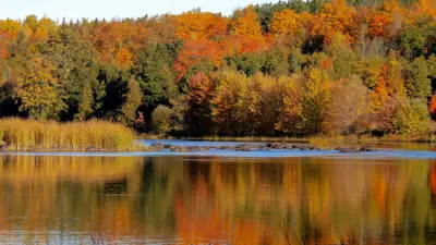 A serene autumn landscape showing a lake reflecting colorful fall foliage from surrounding trees under a clear sky.
